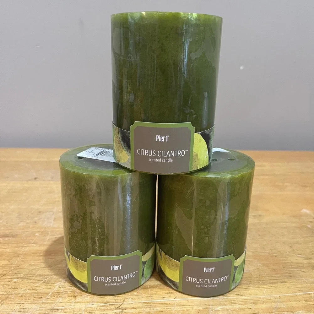 Pier 1 Citrus Cilantro Scented‎ Pillar Candles Green 3x4 Set of 3 AB2210